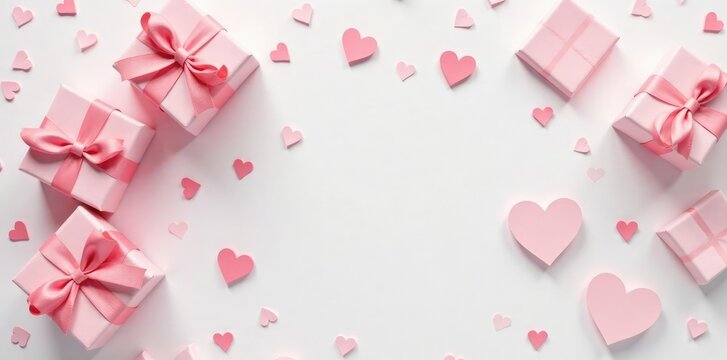 Soft pink gift certificates scattered on a white background, present, tender, decoration