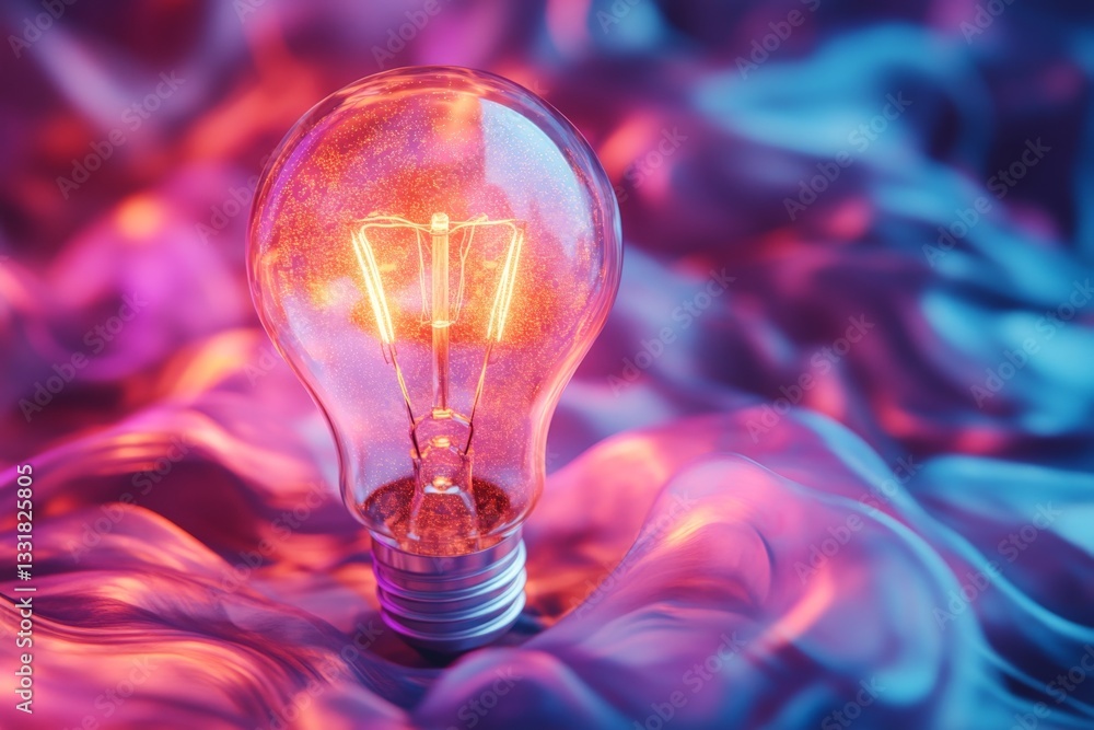 Poster Vibrant glowing light bulb surrounded by abstract colorful waves in a captivating display of illumination and energy