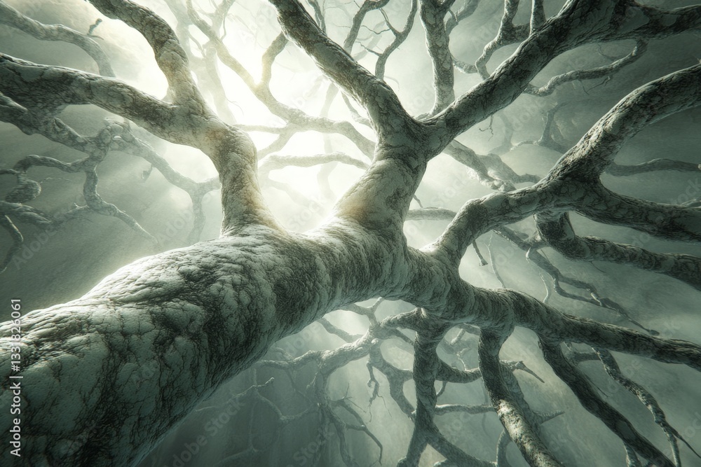 Poster Mysterious branches create an intricate canopy against soft light in an enchanted forest during early morning