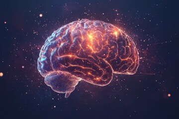 Brightly lit abstract brain design floating in a cosmic background with sparkles and light trails