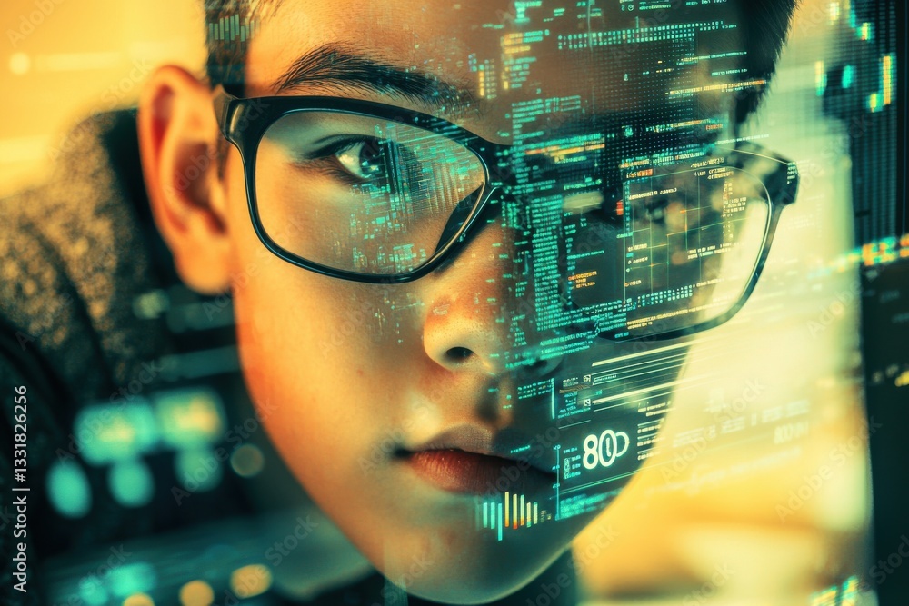 Poster a young programmer analyzes complex code reflected in his glasses, showing a focus on technology, da