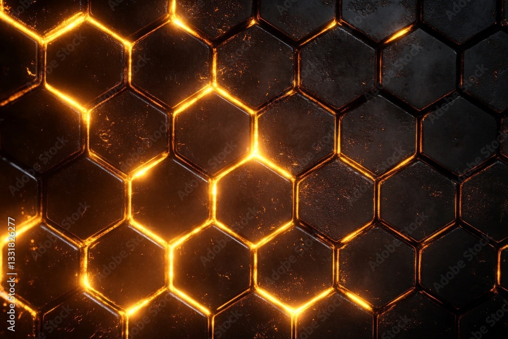Poster Intricate hexagonal patterns glowing with warm light create a striking visual effect in a dark environment