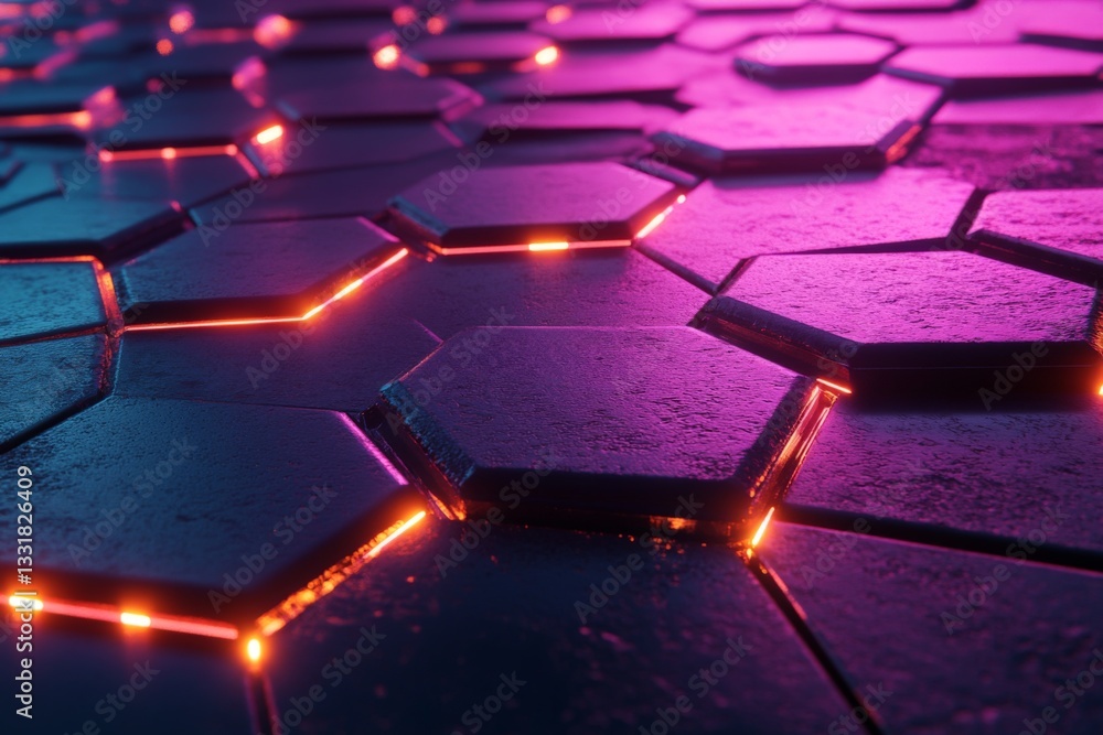 Poster Vibrant hexagonal pattern with glowing neon edges creates a futuristic floor design at night