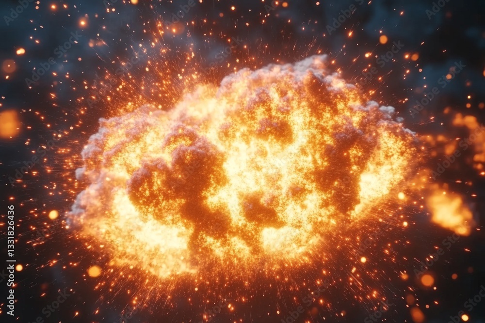 Aufkleber massive explosion erupts with fiery sparks illuminating the dark sky during a dramatic nighttime dis