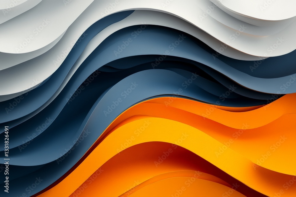 Poster colorful abstract design featuring flowing layers of blue, white, and orange with smooth curves and 