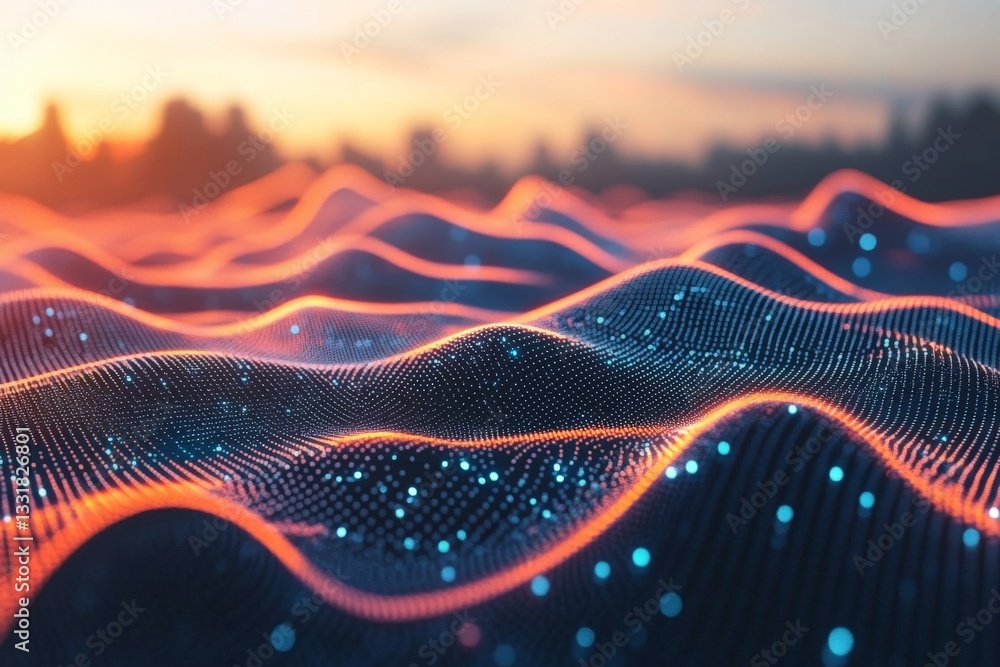 Poster colorful digital landscape depicting vibrant waves of data during sunset in an abstract representati
