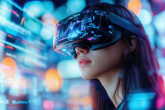 A woman immersed in virtual reality, analyzing financial data and market trends, using advanced technology for informed investment decisions in metaverse.