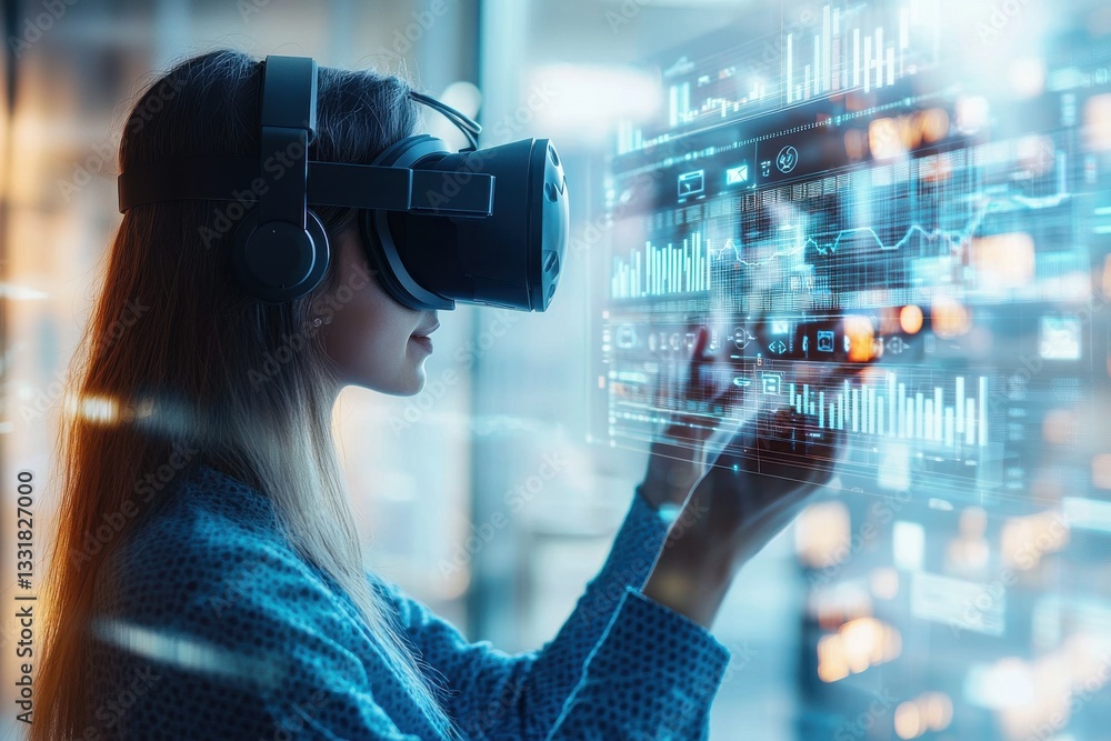 Poster a young woman wearing a vr headset interacts with a digital interface, experiencing immersive techno
