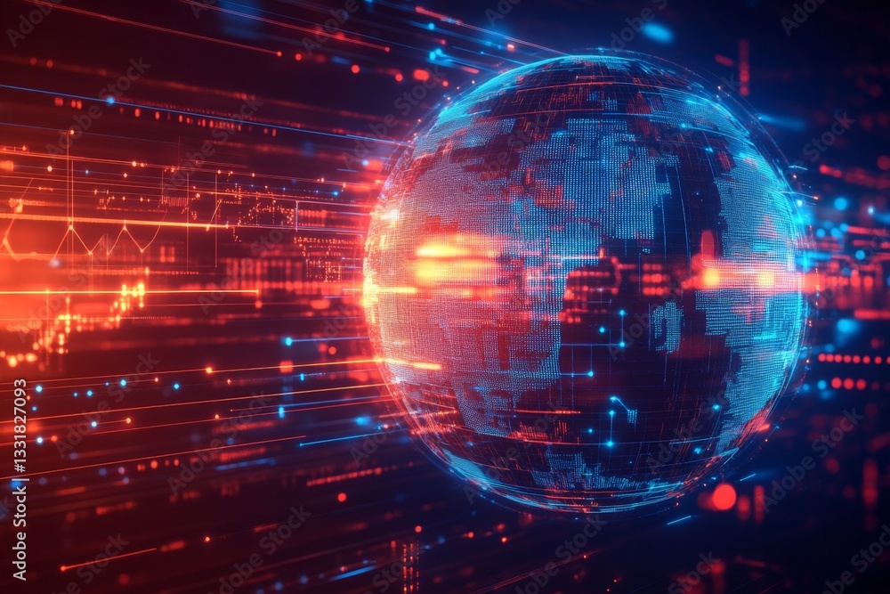 Poster Digital globe surrounded by vibrant data streams illustrating global connectivity and technology with a futuristic design