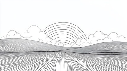 Serene Line Art Landscape with Rainbow and Rolling Hills