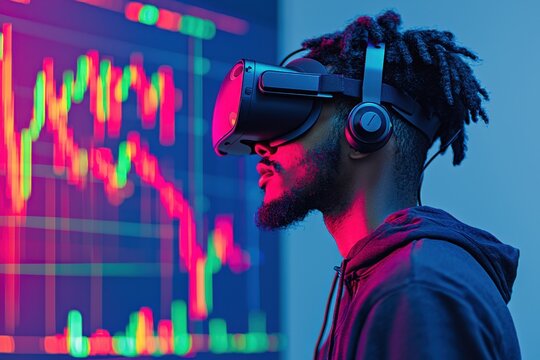An African man wearing VR headset immersed in the world of digital stock market data, trading with virtual reality in the innovative, modern financial industry.