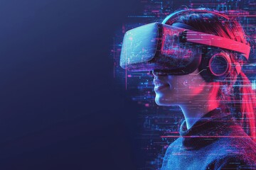 A young woman immersed in virtual reality experience, wearing a futuristic VR headset, with digital data streams overlaying her, symbolizing immersive technology.