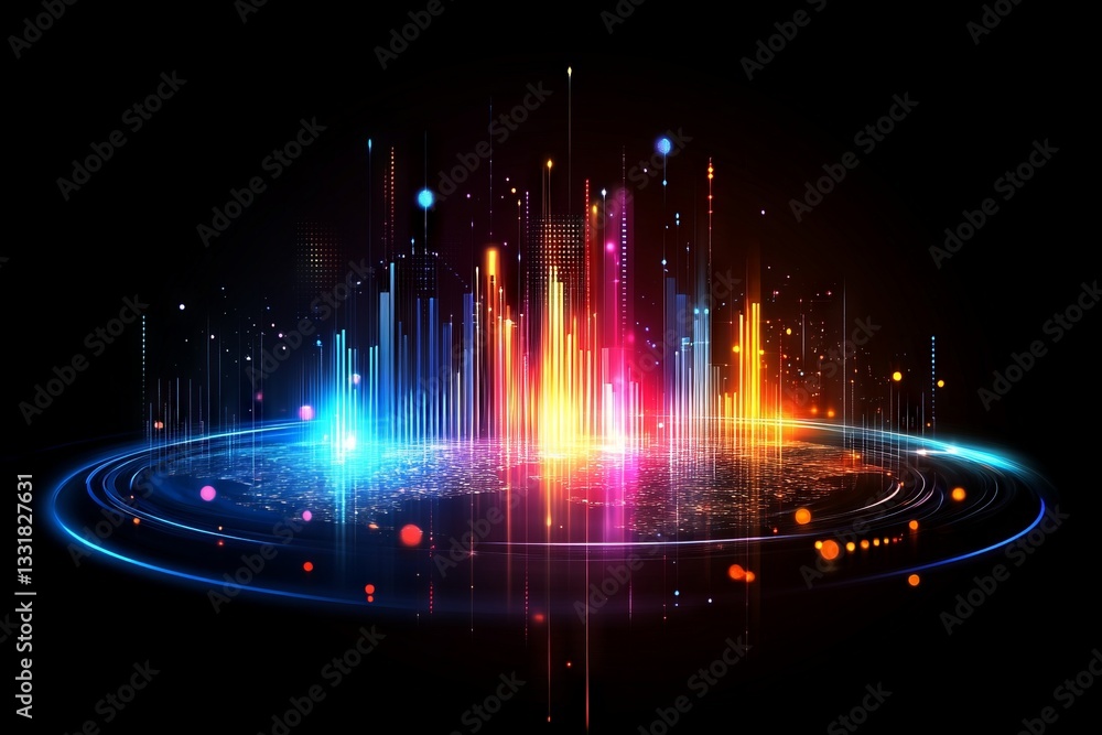 Poster Colorful sound waves emanate from the center, creating a vibrant visual experience in a dark space