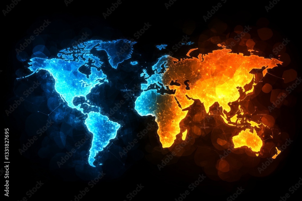 Aufkleber colorful digital map of the world in blue and orange hues representing different regions and data fl