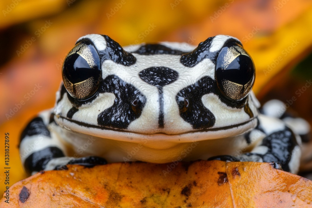 Poster frog perched on autumn leaves showcasing striking patterns and colors in a natural setting