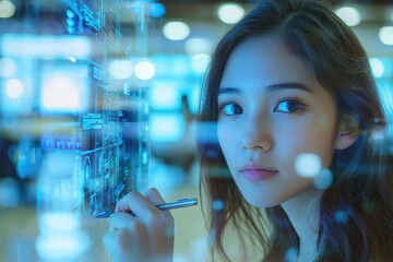 A beautiful Asian woman intently studies a futuristic digital interface, using a pen to interact with the data stream and technology displayed on a transparent screen.