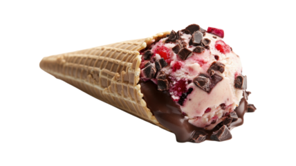 Enjoying a delicious ice cream cone with chocolate and raspberry toppings on a sunny day