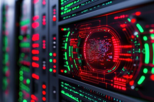 Futuristic data center with glowing screens showcasing intricate - Powered by Adobe