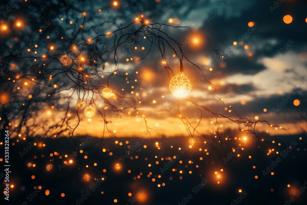 Aufkleber beautiful sunset with glowing orbs in trees creating a magical atmosphere on a peaceful evening