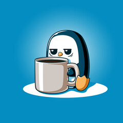 Sleepy Cute Penguin Holding Coffee Cup Cartoon Vector Icon Illustration Animal Drink Icon Isolated Flat Vector