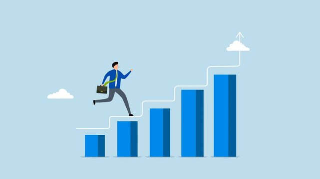 improvement to success, 4k animation entrepreneur ascends success chart and graph with steps to achievement. 
