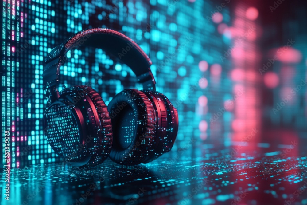 Aufkleber colorful headphones create a vibrant atmosphere with digital patterns and glowing lights in a futuri