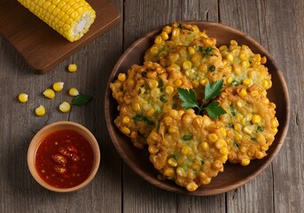 Crispy Indonesian corn fritters, known as bakwan jagung, served on a rustic plate with spicy chili sauce, fresh garlic, and red and green chilies on a wooden table.