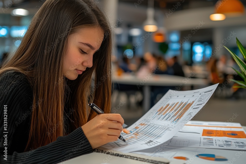 Poster a focused young woman carefully analyzing business charts and graphs, using a pen to highlight key d