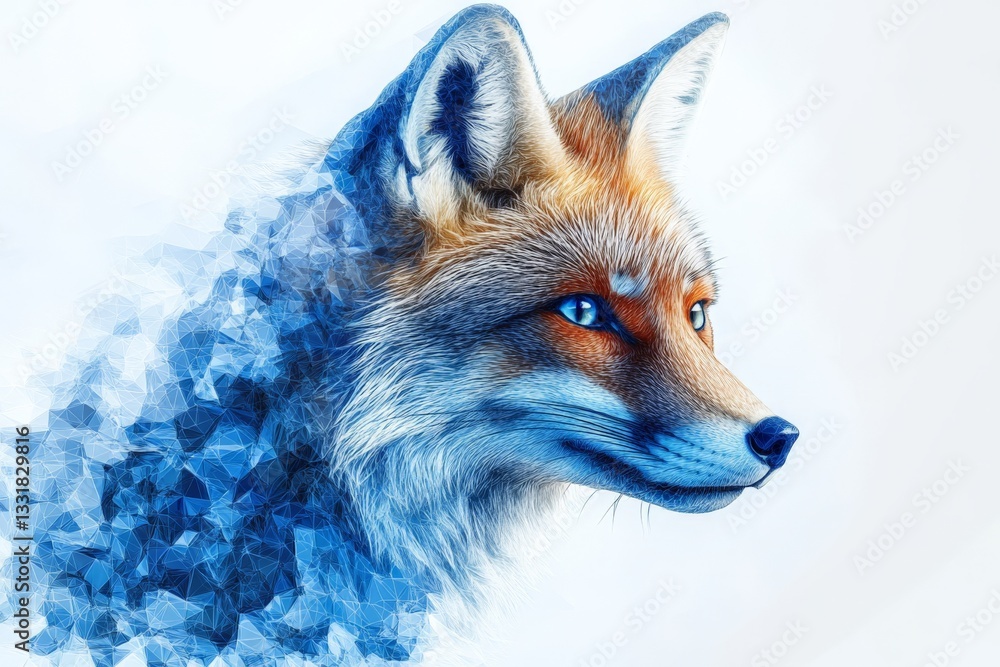 Aufkleber stylized fox illustration with blue geometric patterns and vibrant colors portraying a serene expres