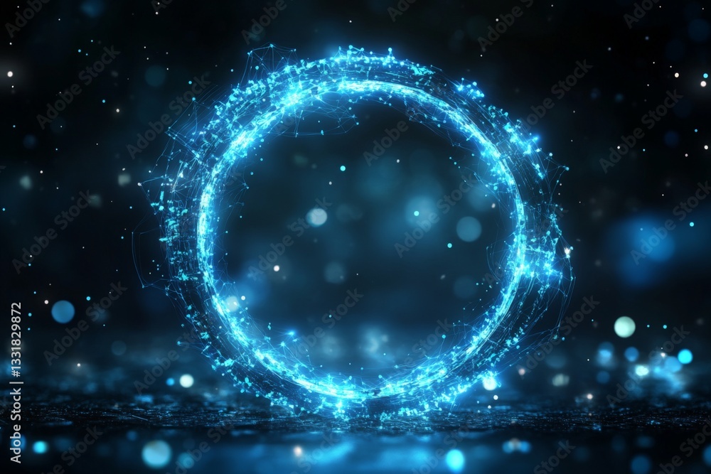 Poster glowing blue digital circle with particles and sparkles against a dark background