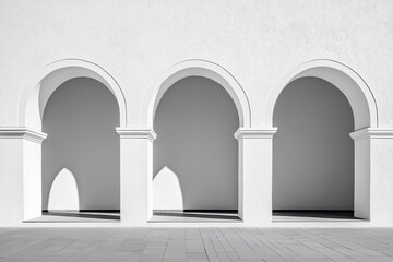 Monochromatic view featuring an arcade, emphasizing architectural details, minimal design, and the interplay of light and shadow.