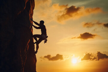 Silhouette of a climber scaling a rocky cliff at sunset golden hour dramatic view sky man sport image
