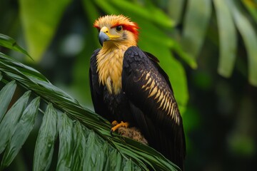 Obraz premium Majestic bird with vibrant plumage perched on a leaf in a lush tropical forest during daylight