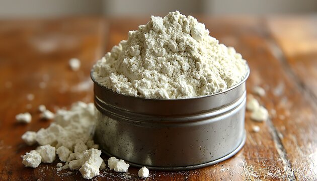 Flour in tin, wooden table
