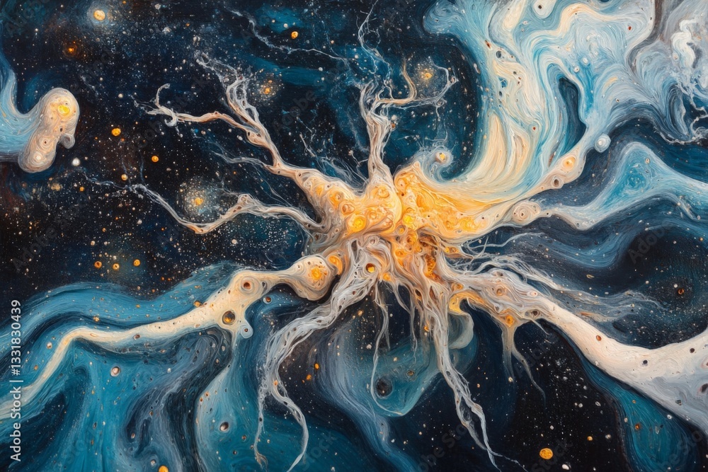 Poster dynamic cosmic explosion captured in vibrant colors swirling through the universe