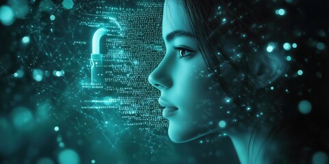 online security, featuring a digital woman's profile merged with futuristic data encryption and a glowing padlock