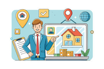 A vector art illustration of a real estate agent showing a property listing on a laptop.eps