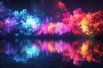 Obraz premium Colorful reflections of vibrant trees along a serene lake under a starlit sky at night creating a magical atmosphere