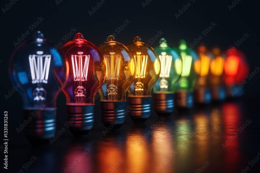 Poster colorful light bulbs arranged in a row illuminating a dark environment with vibrant hues and intrica