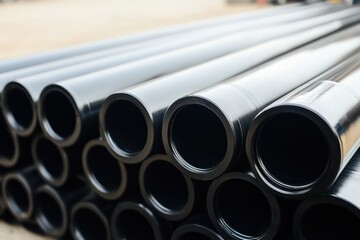 Fototapeta premium Black pipes stacked outdoors, industrial site background, construction material