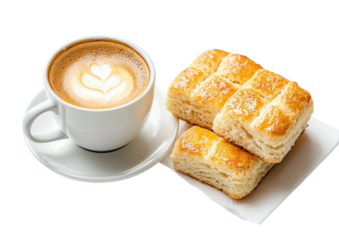 isolated transparent Background. Freshly brewed coffee with latte art and golden scones on plate