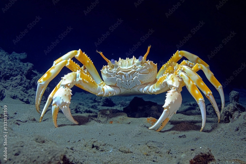 Aufkleber underwater view of a vibrant crab exploring the ocean floor at dusk