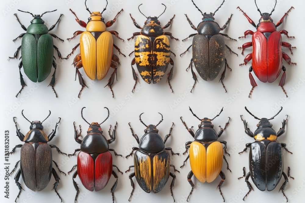 Poster colorful beetle collection displayed on a neutral background showcasing their diverse shapes and siz