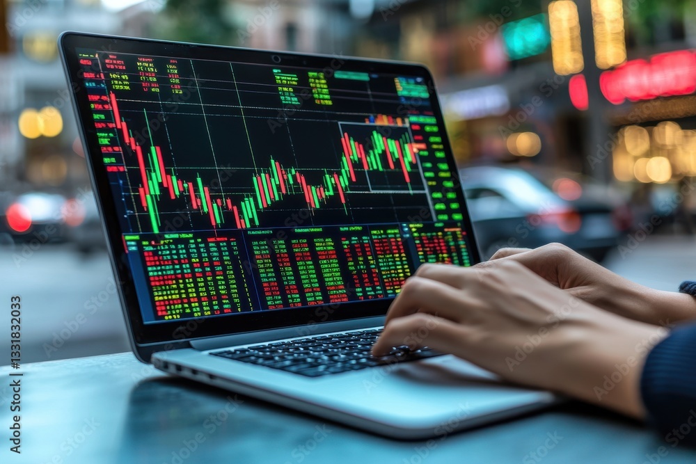 Aufkleber close-up of hands typing on laptop keyboard displaying stock market data and financial charts in an 
