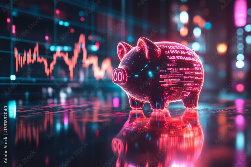Poster digital piggy bank on a futuristic background with stock market data and neon lights