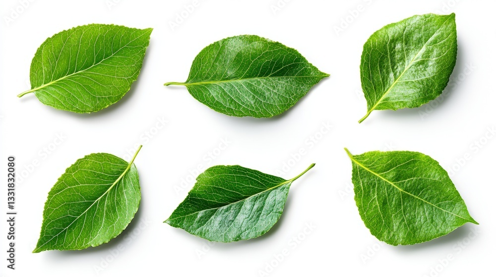 Aufkleber close-up of a single leaf surrounded by various green leaves on a pure white background creating a f