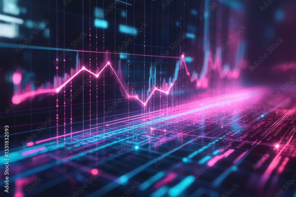 Poster visual representation of data analytics trends in a digital graph with vibrant colors and intricate 