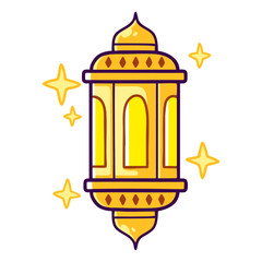traditional Ramadan lantern, glowing with light and surrounded by sparkling stars. vector illustration for decorations, greeting cards, and cultural themes