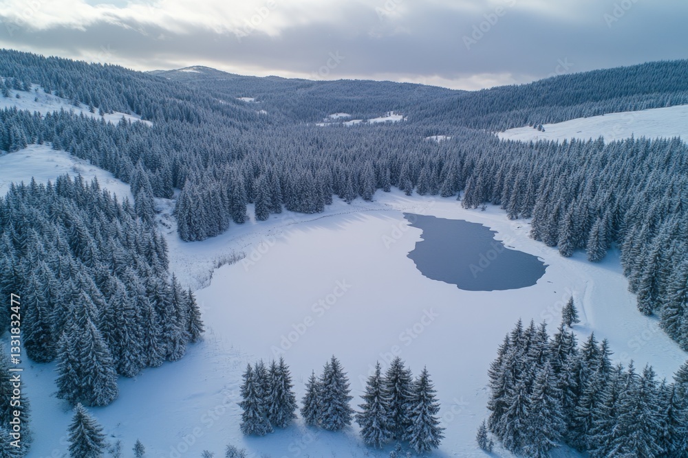 Poster Snow-covered landscape with a tranquil lake surrounded by evergreen trees at dawn in a remote forested area