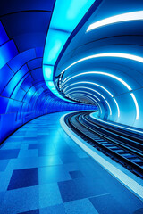 Obraz premium A subway tunnel with blue lights and a train track